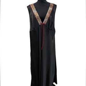 Vintage Cato Plus Size 26/28 Black Satin Leopard Trim Maxi Dress Y2K Slip Goth